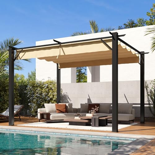 Aoxun 10'x12' Outdoor Pergola, Patio Pergola with Upgraded Retractable Canopy, Heavy Duty Metal Pergolas and Gazebos with Adjustable Sun Shade Cover for Modern Backyard, Deck, Garden