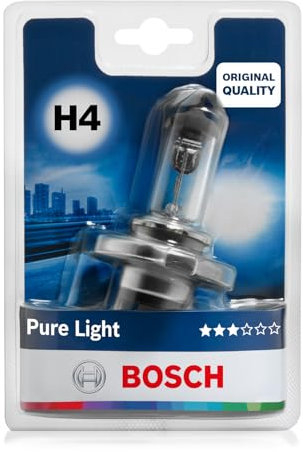 Bosch H4 Pure Light Halogen-Glühlampe für Auto-Scheinwerfer, 12 V 60/55 W, in Originalqualität - Lampensockel Typ P43t - 1 Ersatz-Scheinwerferlampe