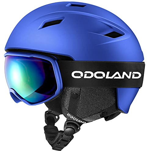 Odoland Kit de Casco Esquí con Gafas Esquí, Casco Snowboard para Hombres Mujeres Jóvenes, Protección UV 400 y a Prueba de Viento, Casco Deportivo para Esquí Snowboard y Patinaje, Azul, M