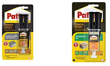 Pattex Power Epoxy Acciaio Liquido, Colla Epossidica, Bicomponente Color Metallo A Base Di Resina Epossidica & Power Epoxy Saldatutto Mix 5 Minuti, Forte Colla Epossidica, Bicomponente A Elevata