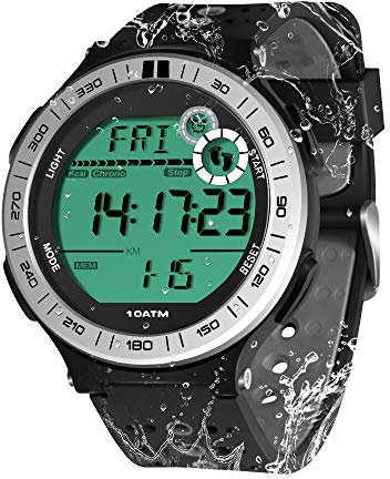 TEKMAGIC 100m sous-Marin Montre-Bracelet Podomètre pour Hommes Garçons Montre Natation Etanche avec Fonction de Chronomètre de Tour et Réveil, Format 12/24 Heures Sélectionnable