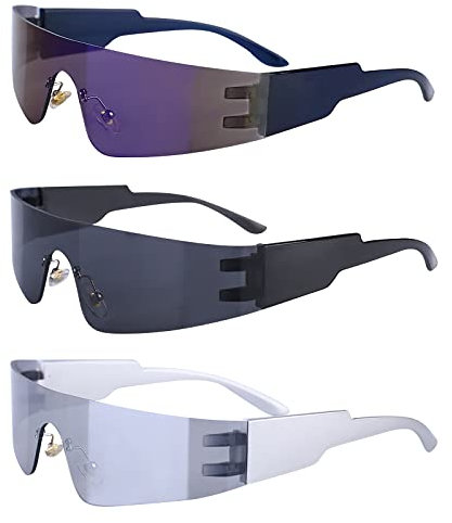 Vegena 3 Paare Futuristische Sonnenbrille, Futuristische Brille, Schnelle Brille Rave, Rahmenlos Partybrille Space Brille Schatten Sonnenbrille Herren Damen für Rollenspiele, Faschingspartys