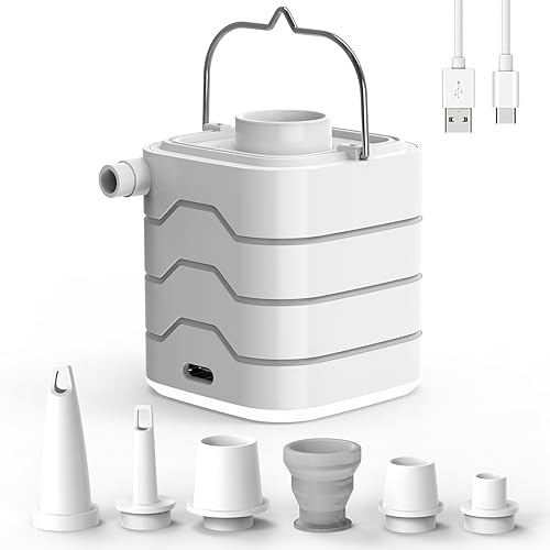 Homdat Gonfleur Électrique, 2 500mAh Pompe à air Portable avec Lumière LED, 3 en 1 Gonfleur/Dégonfleur avec 5 Buses pour Matelas Gonflable, Piscine, Bouée