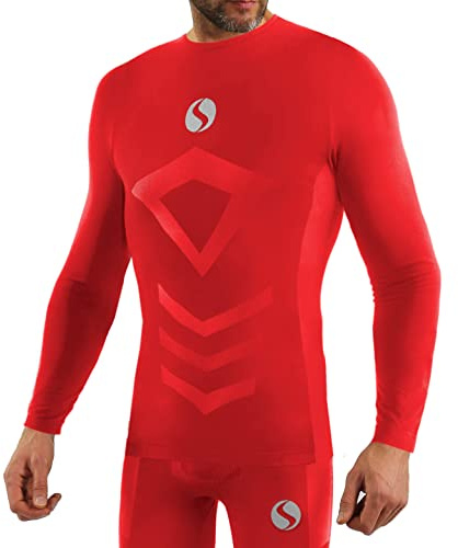 sesto senso Maglietta Sportiva da Uomo a Maniche Lunghe Biancheria Intima Termica a Compressione S/M Red Rosso