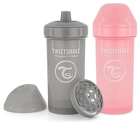 TWISTSHAKE 2X Biberón con Boquilla Dura Y Mezclador De Frutas - 360Ml | Botella De Agua Entrenador Para Niños Y Bebés | Sin Bpa | Gris Rosa