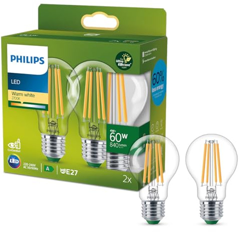 Philips Ultra Efficient - Ultra energy saving lights, LED light source, 60W, E27, A60, Clear glass, warm white light, 2700 kelvin, non dimmable, 2-pack