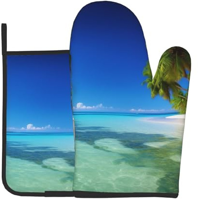 Set di 2 guanti da forno e presine con palme e mare trasparente, tessuto resistente al calore, impermeabile, ideale per cucina, forno, barbecue, idea regalo