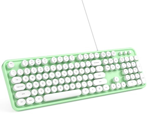 MOWUX Tangentbord med kabel, plug and play USB retro rund skrivmaskin trådbundet tangentbord i full storlek med vikbara stativ för bärbar dator och kontorsdator, grönt
