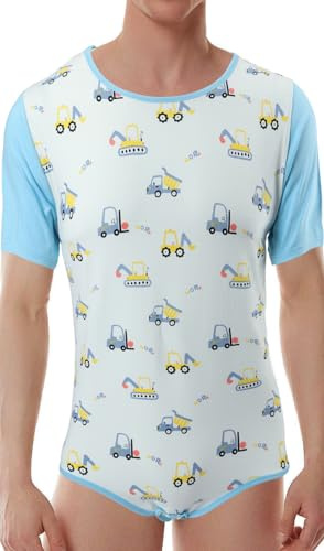 CutiePlusU män bomullsknapp i grenen, bodysuit, vuxna, sparkdräkt, onesie, för män, tryck, Busy Excavator,4XL