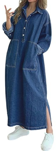 Jofemuho Womens Spring Fall Long Sleeve Denim Maxi Shirt Dress with Split