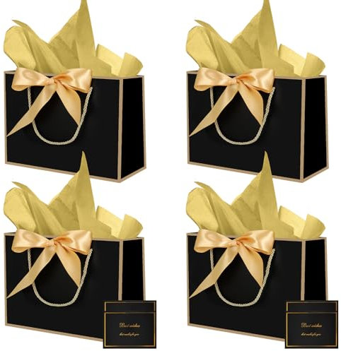 Geschenktüten 4 Stück Geschenktaschen mit Schleifenbändern + 4 Grußkarten + 4 Taschentuch, Papiertüten mit Henkel Geschenkverpackung für Graduierung Hochzeit Festivalfeier Weihnachten