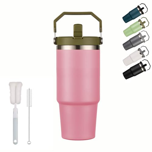 XIXIAMI Travel Mug with Handle 600ml-20oz Insulated Tumbler with Straw & Lid Leakproof Coffee Mug for Hot or Iced Drink |Stainless Steel Thermal Cup-Pink