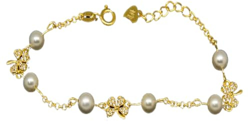 Minoplata Pulsera trébol de Plata chapada dorada con Perlas niña comunión