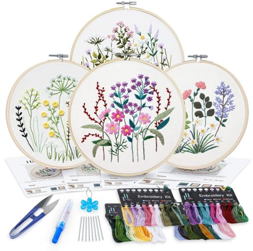 GNEGNI LIFE Flower Embroidery Kit with Embroidery Hoops, 4 Pcs Embroidery Set for Beginner and Adult Embroidery Floral Fabric and Tools Embroidery Starter Kits Gifts