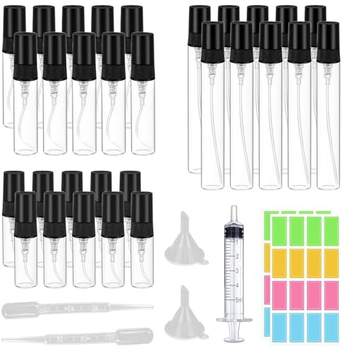 GESDYO 30 atomizadores de perfume de cristal, portátiles, recargables, mini atomizadores de perfume, 3 ml, 5 ml, 10 ml, cristal con adhesivo, cuentagotas, embudo y jeringa prensadora, adecuado para