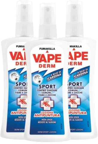 Vape Derm Sport Spray Antizanzare Lozione Antipuntura Contro Zanzare Comuni Zanzare Tigre E Zecche 100 Ml (3 Unità)