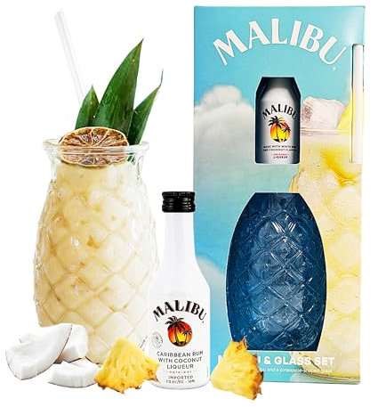 Malibu Gift Set for Women Gifts - Malibu Coconut Rum Pina Colada Miniature Alcohol Bottles 5cl, Pineapple Shape Cocktail Glass & Straw. Christmas Gifts for Women, Stocking Fillers.