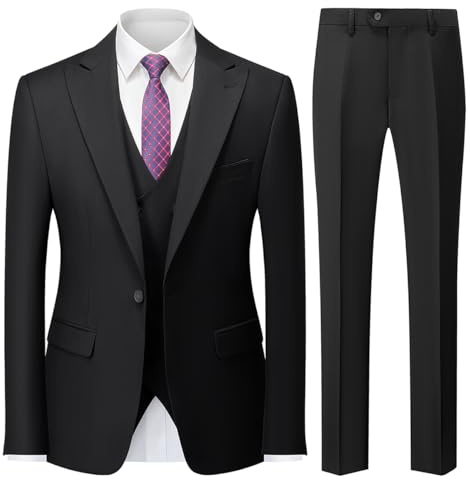 MODFUL Mens Suits 3 Piece Slim Fit Business One Button Tuxedo Wedding Blazer Waistcoat Trousers Set (Black, X-Large)