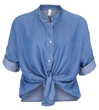 Malito – dam överdimensionerad blus – denimblus med knutdetalj – hudvänlig blus i jeans-utseende – kortärmad jeansblus 2309, blå, 34-40