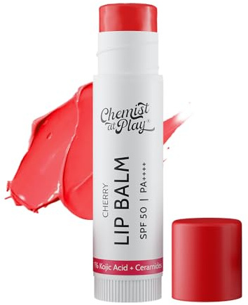 Chemist At Play's Cherry Lip Balm| Repairs Chapped Lips Brightens Dark Lips | 1% Kojic Acid| SPF 50 PA++++| For men and women| 4.5gm