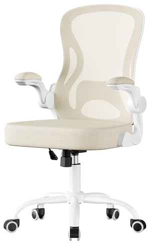 SONGMICS Ergonomic Office Chair, Mesh Swivel Desk Chair with Lumbar Support, Rocking Function, Flip-Up Armrests, for Home Office, Bedroom, Cappuccino Beige and Cloud White OBN042LH03