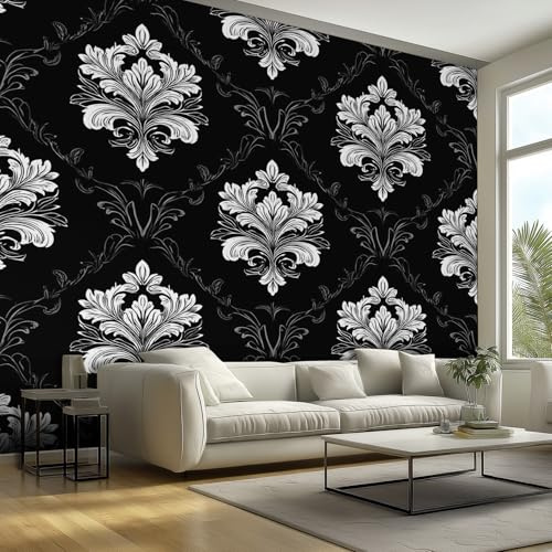 Black and White Gothic Wallpaper Mural, Baroque Damask Wall Mural, Non-woven Print Photo Wallpaper for Bedroom Living Room Decor 150x105 cm V84