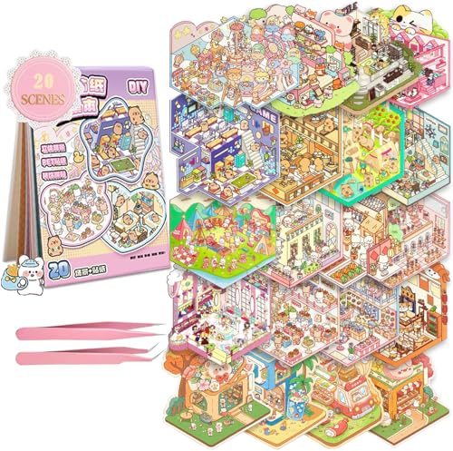 Scene Sticker Book for Kids, 20 Sets of 3D Sticker Scenes for Adults Fun Cute Kawaii Stickers 3D Miniature Scene Therapy, 3D House Stickers Kit Relief Stress Pass The Time, Holiday & Christmas Fun