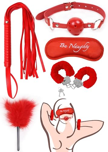 Fluffy Handcuffs for Adults, Faux Leather Riding Whip, Feather Tickler Crop, Breathable Mouth Ball and Red Soft Eye Mask, 5 pcs Set
