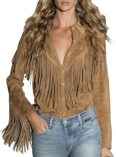 HUIFUAO Camicie con Frange da Donna Vintage Western Top Button Down Manica Lunga Camicetta con Nappe in Pelle Scamosciata Abiti da Cowgirl Abiti Hippie Anni '70 Abbigliamento Festival, Marrone, L