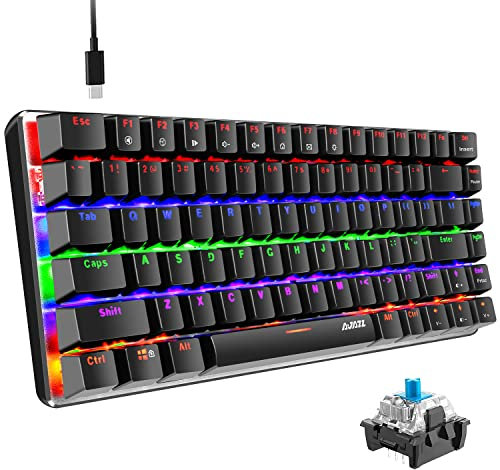 Teclado mecánico, AK33 Rainbow LED con retroiluminación LED Cable USB Teclado mecánico para juegos, 82 teclas Teclado compacto para juegos con teclas anti-efecto fantasma(Interruptor azul, negro)