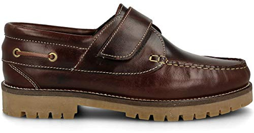 PAYMA - Chaussures Bateau Homme Femme Enfant Garçon Unisexe en Cuir Spécial Seahorse Huilé. Scratch Classique Docksides. Semelle en Caoutchouc. Coleur: Brun Scratch. Taille EU 44