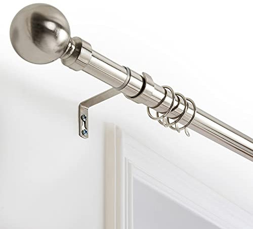 Oxford Homeware Curtain Poles Metal Extendable - Durable Plain Ball Curtain Pole Set Includes Finials, Rings, Brackets & Fittings (Brushed Silver, 120-210 Cm, 48 Inches to 83 Inches)