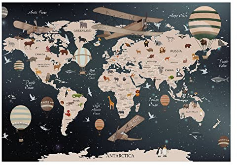 WallArena - Vlies Fototapete Kinderzimmer 368x254 cm Weltkarte Tiere Mädchen Kinder Babyzimmer Kindertapete - Fototapeten Tapeten für Kinder Kindertapete - Vliestapete Wandtapete Tapete 3D Effekt
