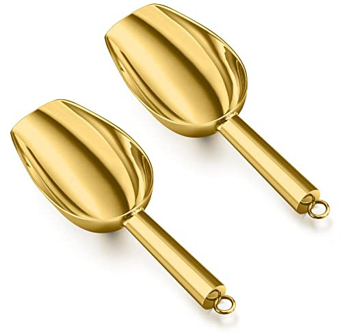 HaWare Gold Ice Scoop, 2 Pcs 5OZ Stainless Steel Food Scoop Set, Small Metal Flour Sweet Pet Scooper for Kitchen Bar Buffet Garden, Non-Toxic & Healthy, Mirror Finished & Dishwasher Safe