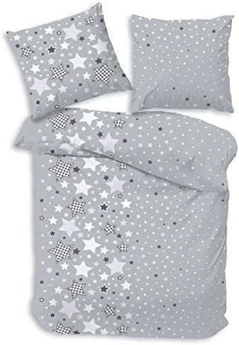 MTOnlinehandel Biber Bettwäsche 135x200 Sterne-Motiv, Teenager-Bettwäsche, Kinder-Bettwäsche für Mädchen und Jungen, Kissenbezug 80x80 + Bettbezug 135x200 cm - 100% Baumwolle Winter warm