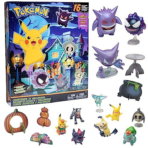 Jazwares Pokémon Halloween Countdown Adventskalender für, 16-teiliges Geschenk-Spielset – Set enthält Pikachu, Bulbasaur, Bulbasaur und mehr – 11 Spielzeugfigurenfiguren & 5 Halloween-Accessoires – ab
