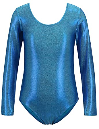 Turnanzug Mädchen Langarm Kinder U Rücken Metallic Glitzer Gymnastikanzug Ballett Trikot Body Leotard Tanzbody Ballettanzug Balletttrikot Eiskunstlauf Ballerina Ballettkleidung Hellblau 9-10 Jahre