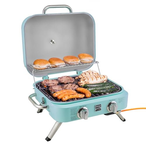 Kenmore Barbecue Gaz Portable - Petit Barbecue Extérieur - Gril BBQ de Table avec Grille de Réchauffage et 2 Brûleurs en Acier Inoxydable de 14 000 BTU - Ideal pour Camping et Voyages - Turquoise