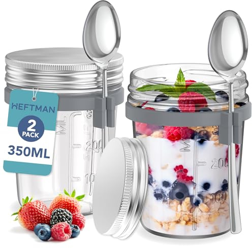 HEFTMAN Mason Jars for Overnight Oats - 2 Pack 350ml Overnight Oats Jar with Spoons & Airtight Stainless Steel Lids - Food-Safe Glass Breakfast Pots for Yogurt, Chia Pudding - 12oz, Reusable (2 PCS)