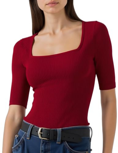 WOWENY Camiseta de media manga acanalada para mujer, corte ajustado, camiseta básica, cuello cuadrado, manga corta, jersey, camiseta elástica, parte superior, blusa informal