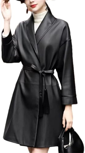ZouoYYii Trench In Pelle Di Agnello Da Donna - Giacca Lunga Media Alla Moda Con Lacci Cintura Da Donna Vera Pelle Di Agnello Cappotti