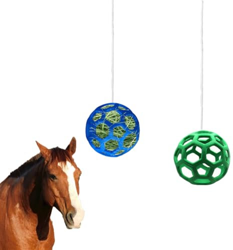 WoYous 2 Stuck Pferde Leckerli Ball Für Pferde Set, Hängende Heu Das Füttern Verlangsamen, Pferde Futterball Spielzeug Für Pferde, Ziegen, Schafe (Grün und Blau)