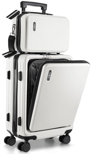 TRAVELARIM 20 Inch Carry On Luggage 22x14x9 Airline Approved, Carry On Suitcase with Wheels, Hard-shell Carry-on Luggage, Durable Luggage Carry On, White Small Suitcase with Cosmetic Carry On Bag