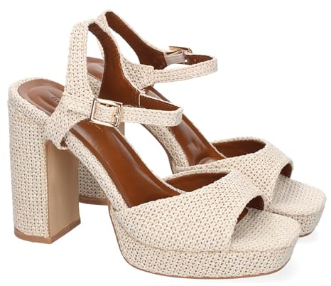 shoes&blues.es 91942 Sandalia de Tacon para Mujer, Comodas y Elegantes, Diseno Moderno con Pala Abierta y Cierre de Hebilla, Ideales para Primavera-Verano. Beige Talla 39
