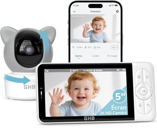 GHB Baby Monitor Video e Audio 5, Telecamera 2K, 350°/65° PTZ, 3000mAh, Controllo Tramite App e Monitor IPS, Rilevamento di Movimento/Pianto/Temperatura, Visione Notturna