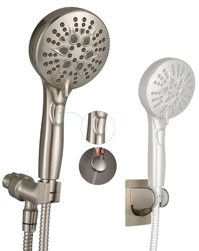 GwernKB Handheld Shower Head with on off Switch&Built-in Power Spray,7-Setting High Pressure Shower Wand with 79in Long Hose&Bracket and Extra Adhesive Shower Holder for Lower Mount,Brushed Nickel