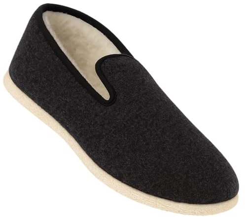 Charentaises traditionnelles homme FINISTERE - 5ch - Uni anthracite - cousu retourné - Semelles de feutre pure laine - Intérieur 100% laine de mouton