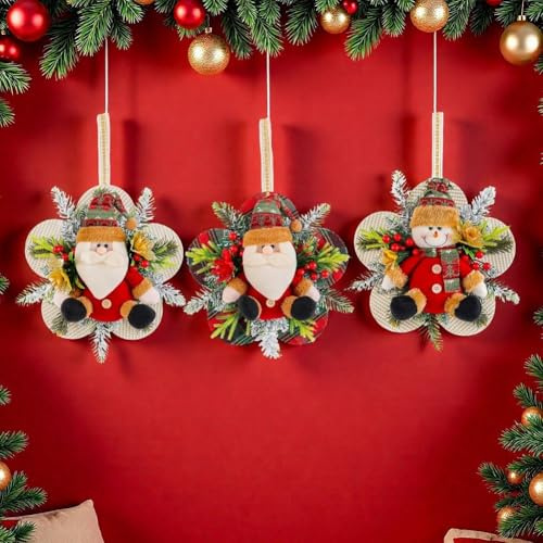 Säsongsbetonad julkrans hängande dekoration med jultomten och snögubbe-figurer, lätt och bärbar för enkel placering på dörrar, väggar och för semesterträd (E)