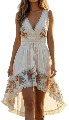 RAOKENSU Vestido bohemio para mujer, de verano, vestido de playa, maxi vestido hippie bohemio, vestido largo de encaje, vestido de playa, vestido de punto beige, blanco, vestido de punto de ganchillo