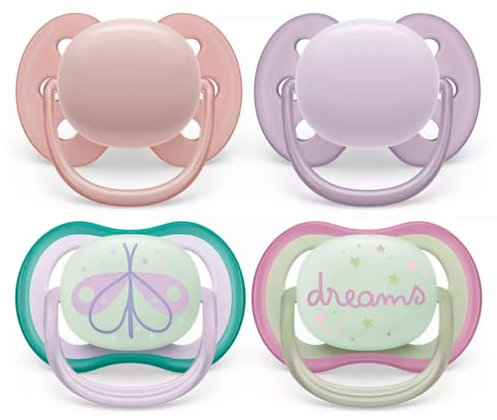 Philips Avent Schnuller // 0-6 Mo // Girl Mix // 4er Set // inkl. 2 Sterilisations- und Transportbox // Day & Night